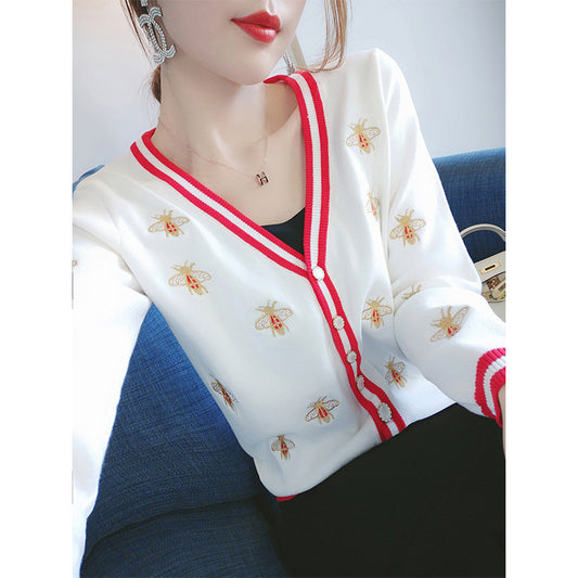 2022 autumn women's clothing new knitted sweater heavy industry embroidery V-neck sweater cardigan jacket temperament outerwear top