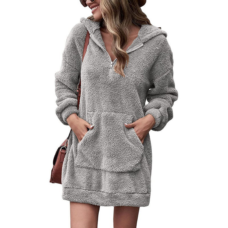 2023 new European and American cross-border autumn and winter women's clothing double-sided fleece hooded loose zipper plush pocket sweater jacket