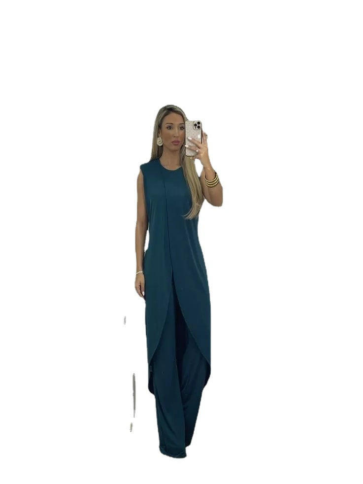 2023 European and American summer new casual sleeveless loose round neck trousers two-piece set for women