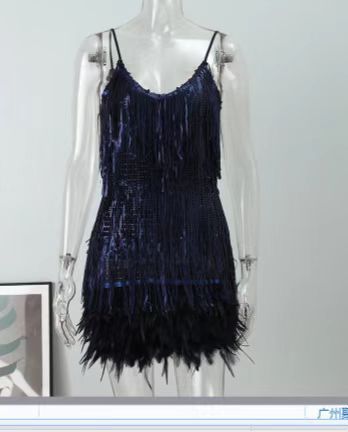 2023 Summer New Fashion Tassel Sequin Feather Stitching Dress Color Dress Amazon Explosive Spot Women