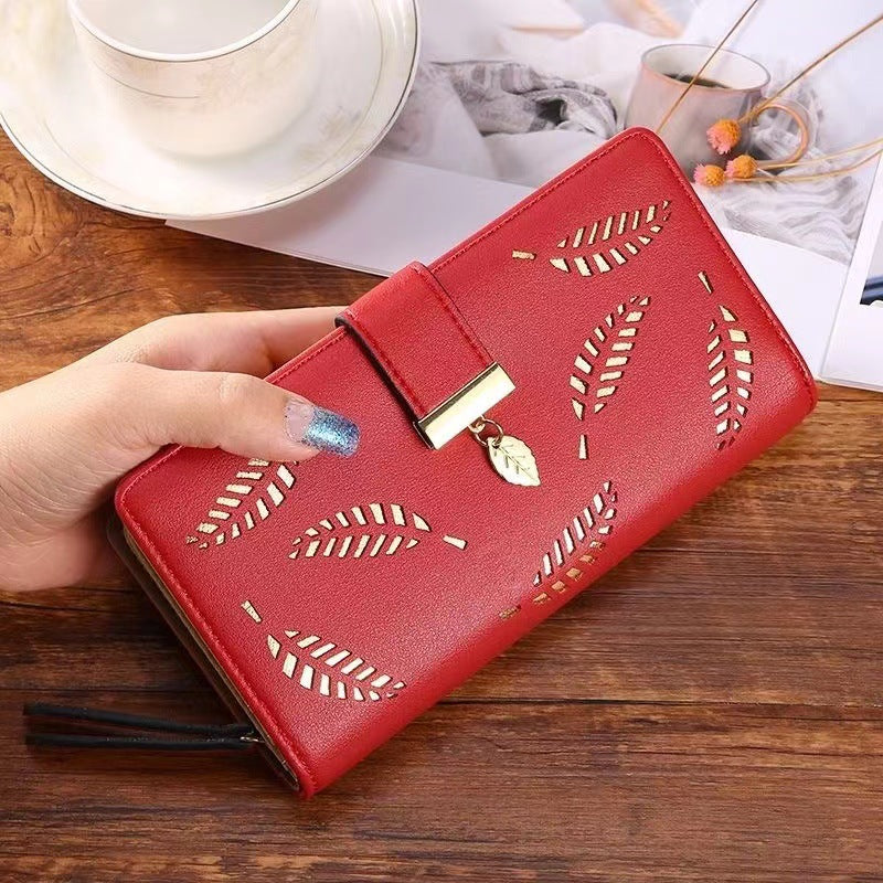 2023 New Korean Style Women's Wallet Long Fashion Clutch Hollow Leaf Zipper Buckle Wallet Women's Bag