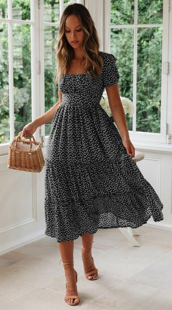 2021 Europe and the United States new AliExpress wish Amazon popular square neck puff sleeve floral dress long skirt