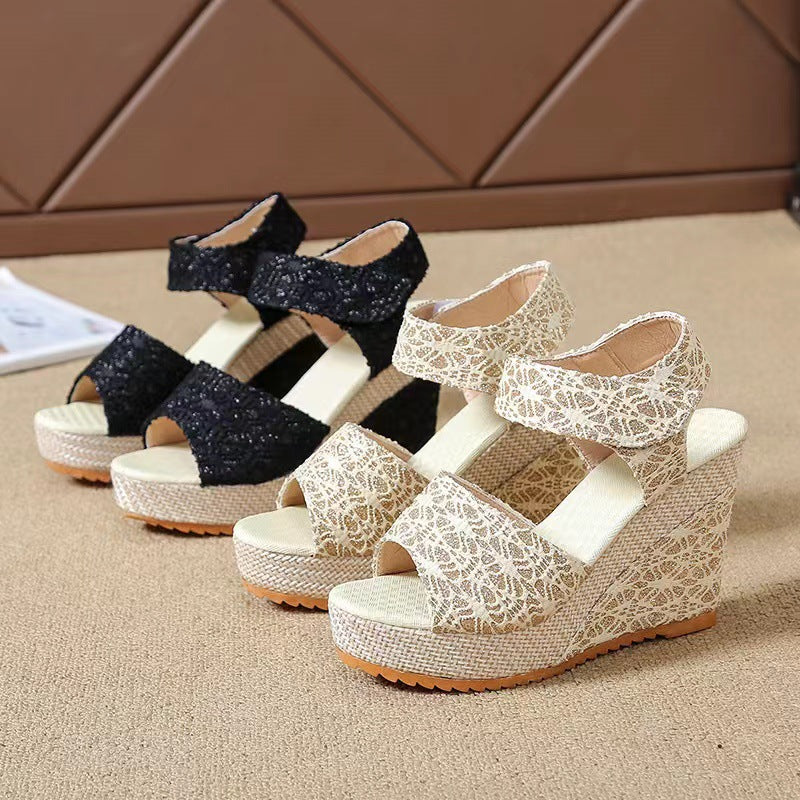 2020 Summer New European and American Wedge Heel Fish Mouth Sandals Women's Casual Platform Thick Bottom High Heel Velcro Women's Shoes