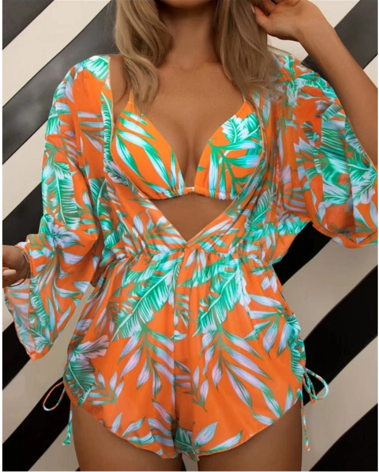 2023 European and American swimsuits for women, sexy three-piece set with temperament collar, printed waist, strappy skirt, foreign trade cross-border swimsuit