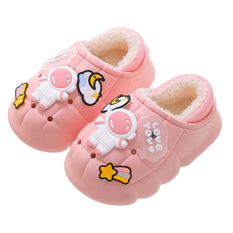 Winter children's cotton slippers for boys and girls, non-slip, warm and velvet home bags, baby outer wear, children's furry cotton shoes