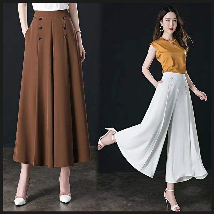 Wide-leg pants for women, summer thin, loose white culottes, high-waist slim women's nine-point pants, drapey casual mom pants