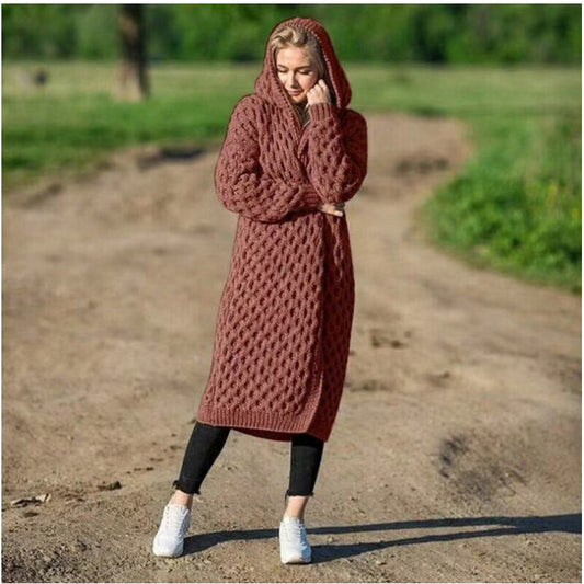 2021 cross-border autumn and winter warm new solid color fashion women's long knitted sweater hooded cardigan coat