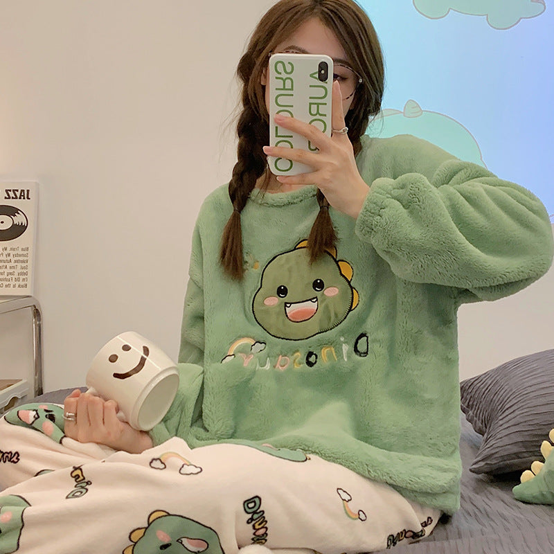 2023 New Flannel Pajamas Women Autumn and Winter Cartoon Sweet Cute Dinosaur Home Clothes Coral Fleece Suit