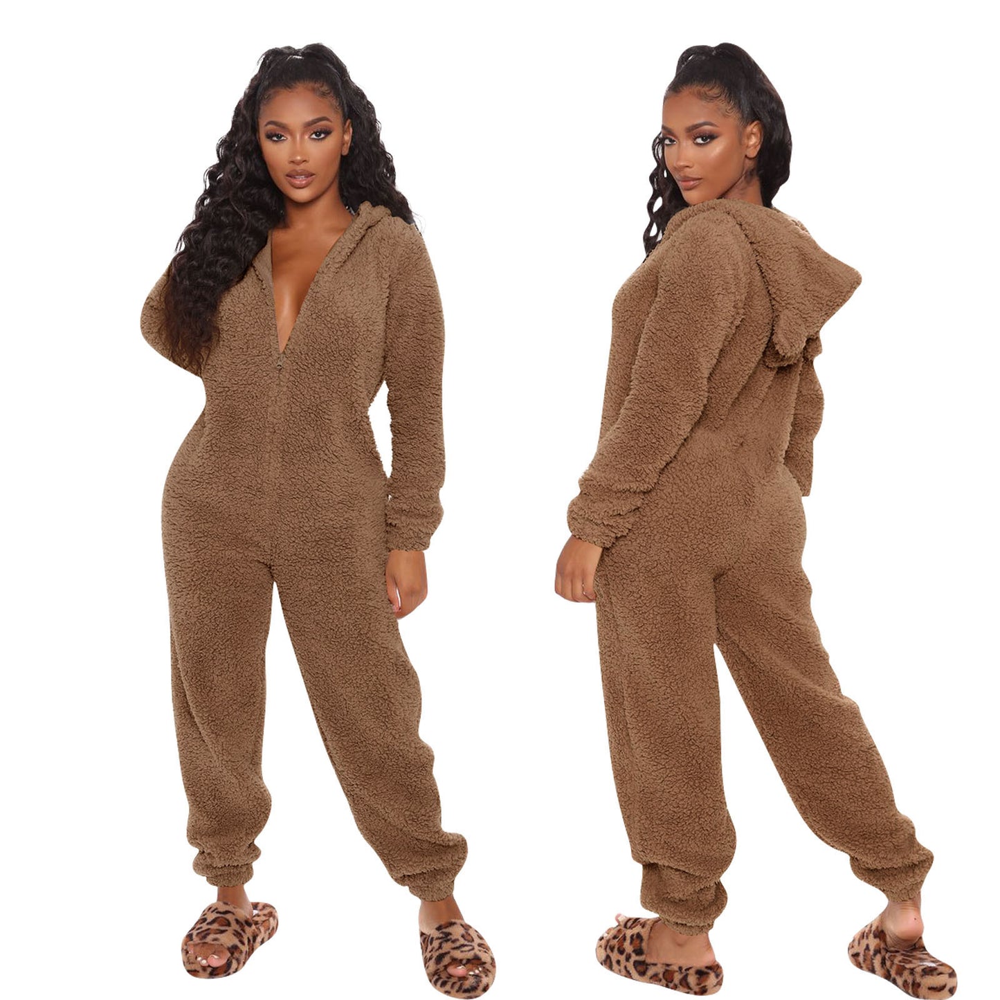 2022 new European and American autumn and winter women's clothing cross-border foreign trade plus velvet thick fur jumpsuit hooded pajamas 17 colors