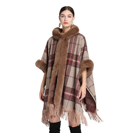 657#European and American autumn and winter new imitation rex rabbit fur collar hooded shawl cape ladies woolen coat large size cardigan