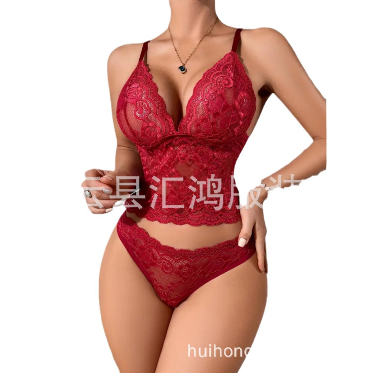 2024 European and American sexy women's erotic lingerie lace hollow adjustable suspenders two-piece pajamas