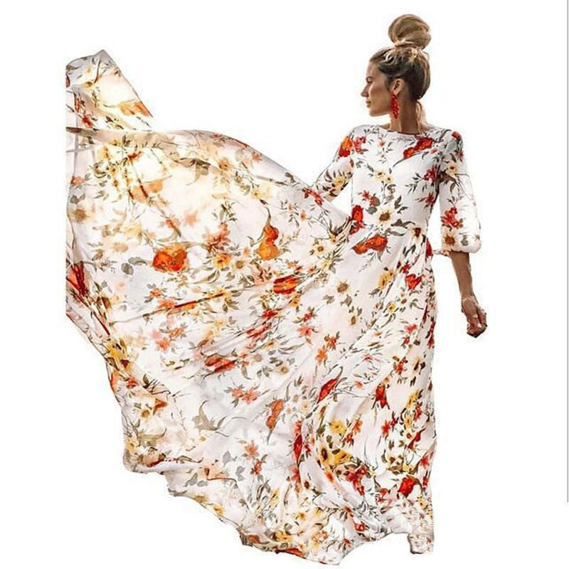 2024 Spring and Autumn New European and American Cross-border Amazon Dress Printed Swing Temperament Chiffon Floral Slim Long Skirt