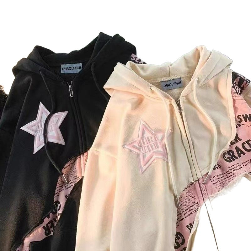 [24-hour delivery] Escape from the Earth American street style star letter print splicing cardigan sweatshirt women's trendy brand