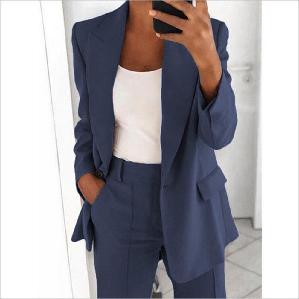 wish Amazon 2022 autumn and winter new European and American fashion lapel slim cardigan temperament solid color suit jacket women