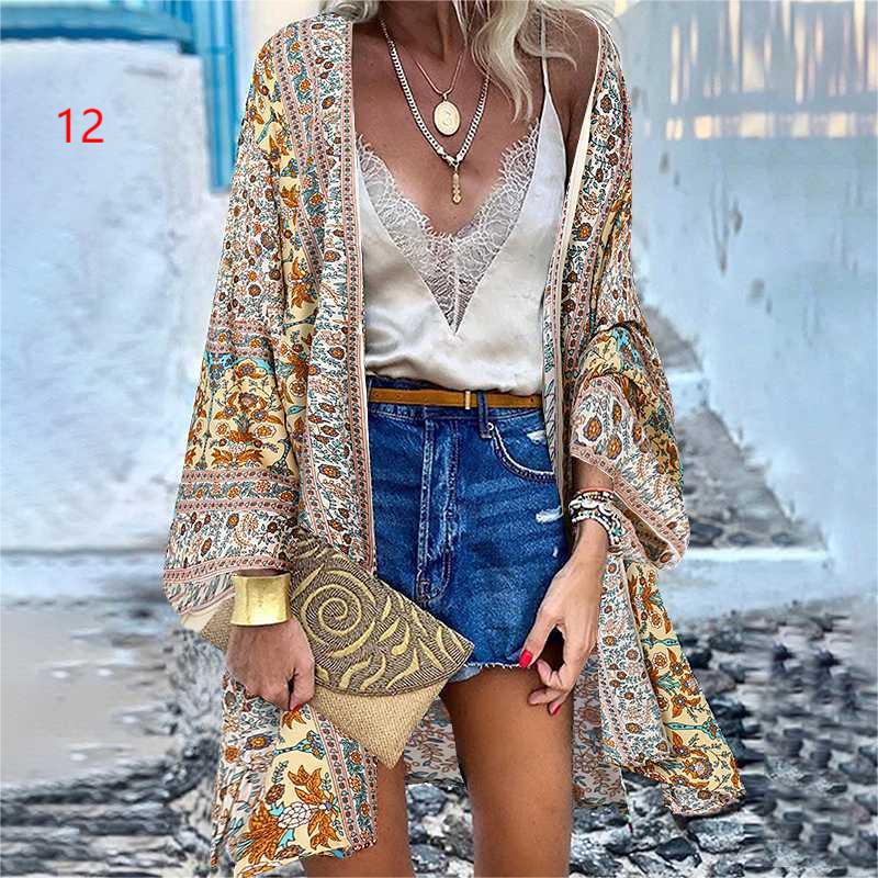 Women's 2022 Europe and America Cross Border Trendy New Casual Fashion Vacation Batwing Long Sleeve Cardigan Printed Top