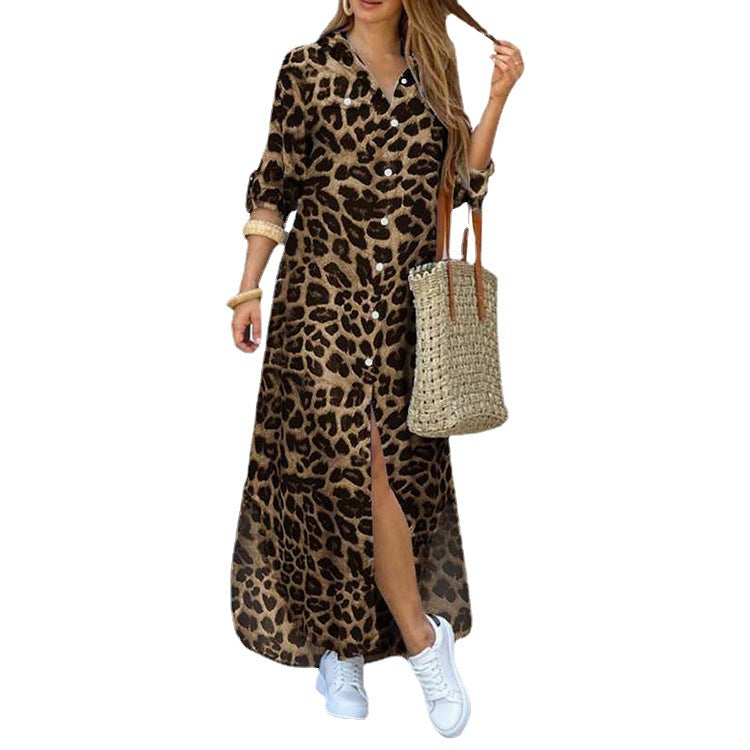 2023 Amazon wish early autumn cross-border new temperament V-neck single-breasted leopard print slit dress women