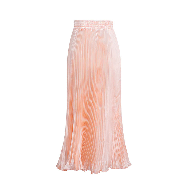 2021 New European and American foreign trade women's satin metallic luster pleated skirt long accordion skirt long skirt skirt