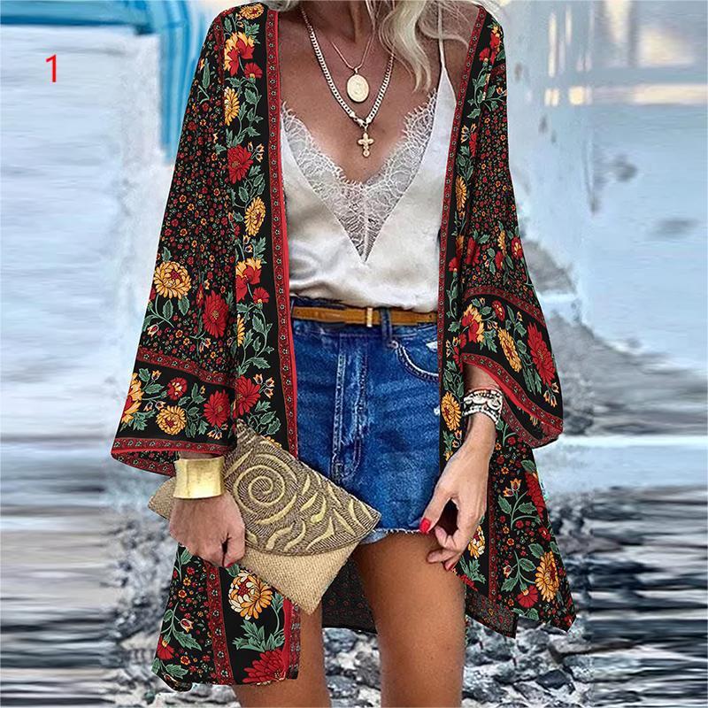 Women's 2022 Europe and America Cross Border Trendy New Casual Fashion Vacation Batwing Long Sleeve Cardigan Printed Top