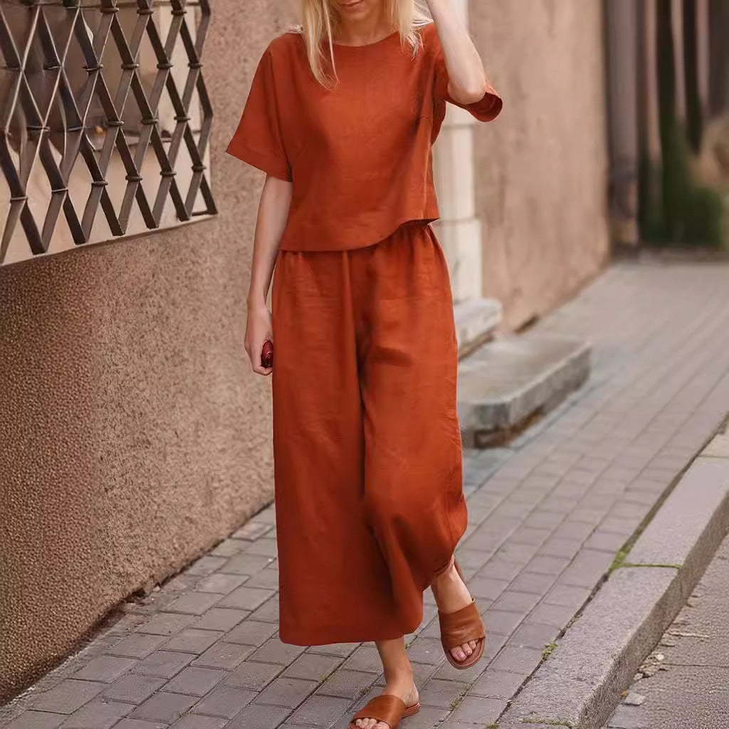 2023 Cross-border Amazon New Products Casual European and American Large Size Suit Loose Solid Color Shirt Trousers Two-piece Set