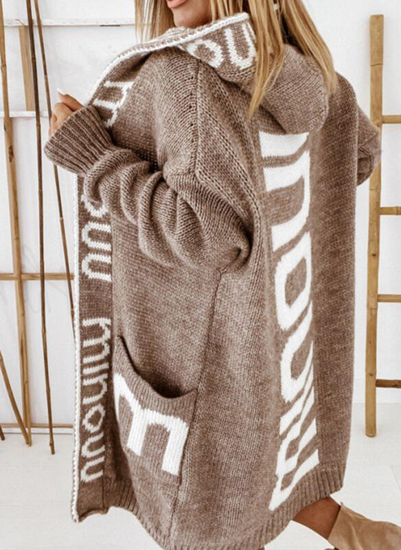 2022 autumn and winter new products mid-length cardigan foreign trade hooded letter knitted sweater women's European and American sweater knitted jacket