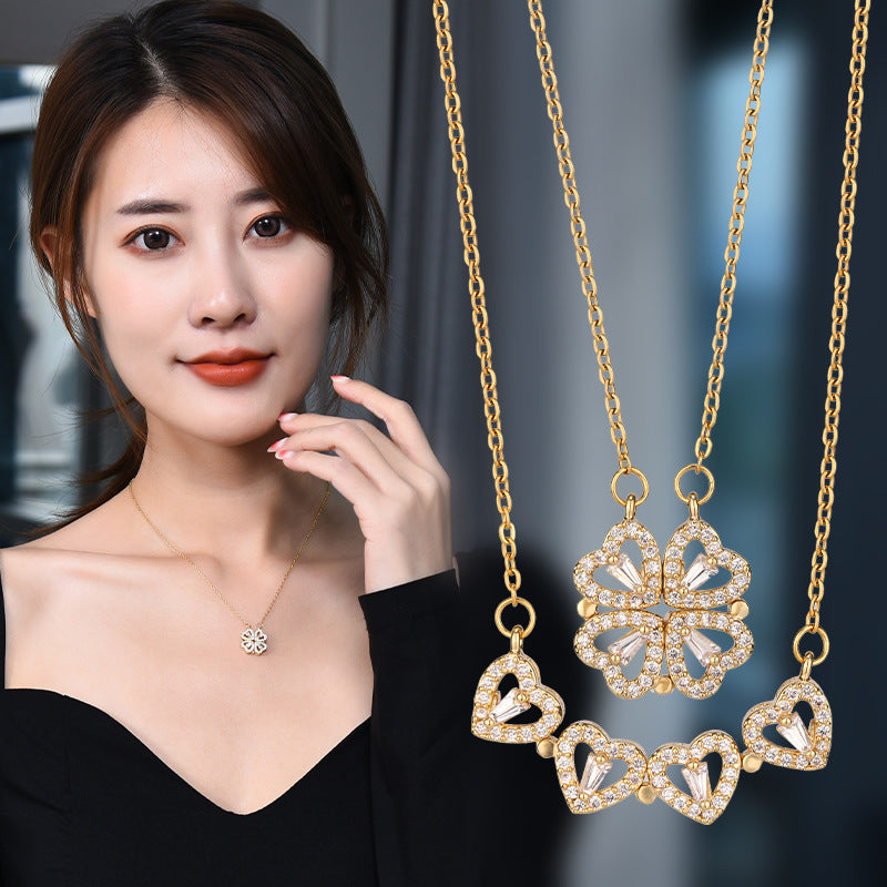 A new two-wear heart-to-heart female opening and closing four-leaf clover necklace fashion love folding creative collarbone chain wholesale