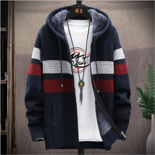 2022 autumn new men's fleece thickened color matching hooded sweater jacket