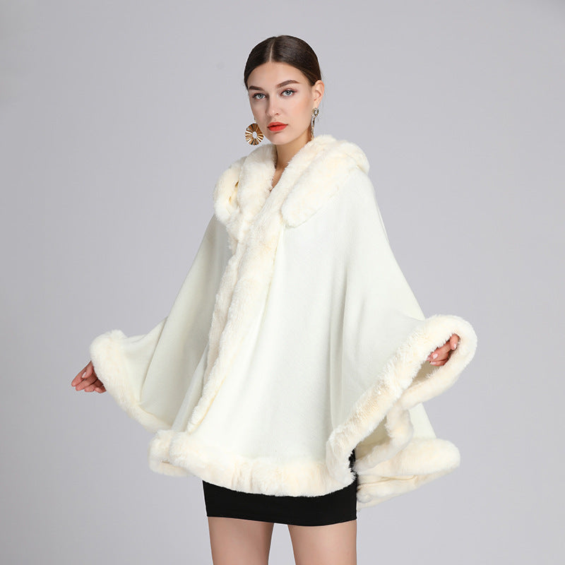 692#European and American autumn and winter new imitation rex rabbit fur collar hooded shawl cloak large size loose cloak coat female