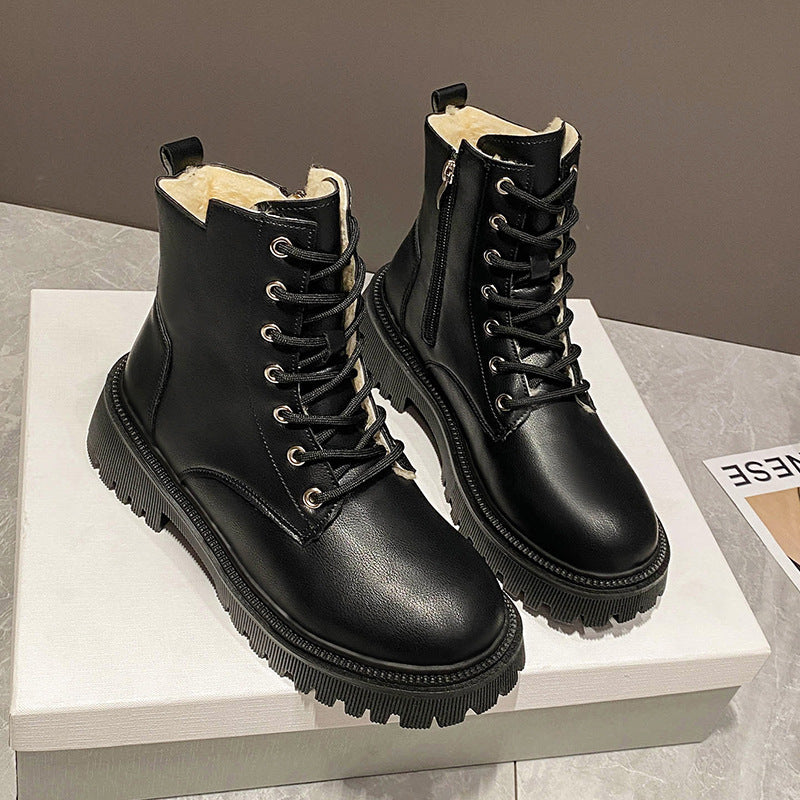 2023 Winter New Martin Boots Women's Round Toe Solid Color Fashionable British Style Retro Casual Thick Sole Plus Velvet Women's Boots