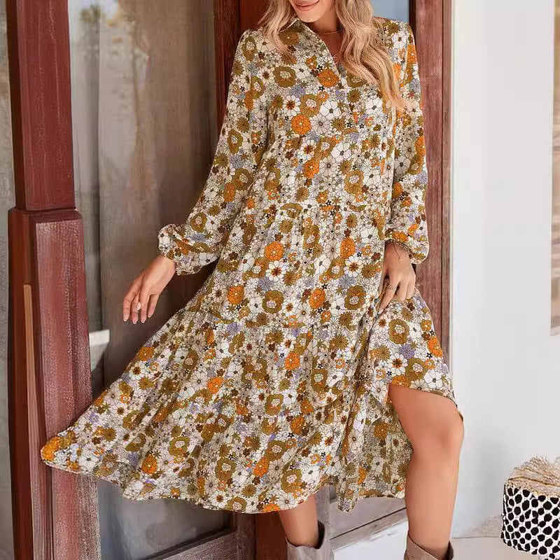 2024 Amazon New Casual Loose Bohemian Floral Dress Long Sleeve Puff Sleeve V Neck Ruffle