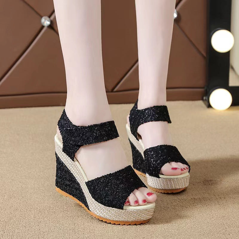 2020 Summer New European and American Wedge Heel Fish Mouth Sandals Women's Casual Platform Thick Bottom High Heel Velcro Women's Shoes