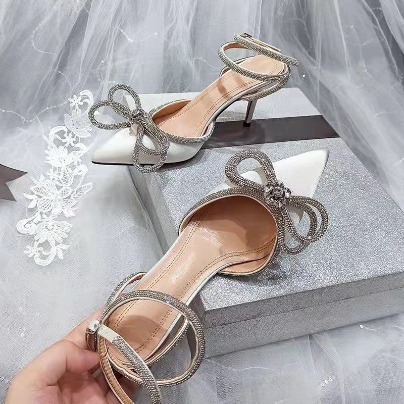 2022 summer new fashion pointed bow rhinestone high-heeled shoes silk back strap stiletto women's sandals French style