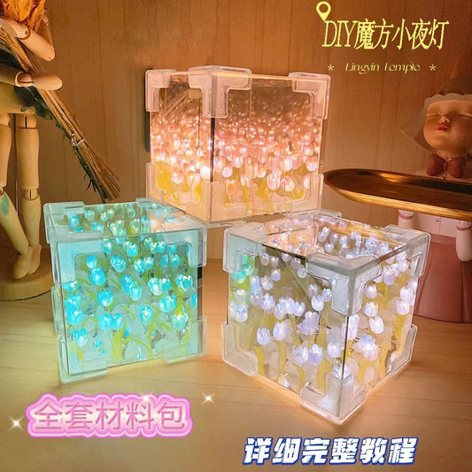 3D Rubik's Cube Tulip Night Light Flower Sea Rose Handmade DIY Material Pack Send Girlfriend 520 Gift