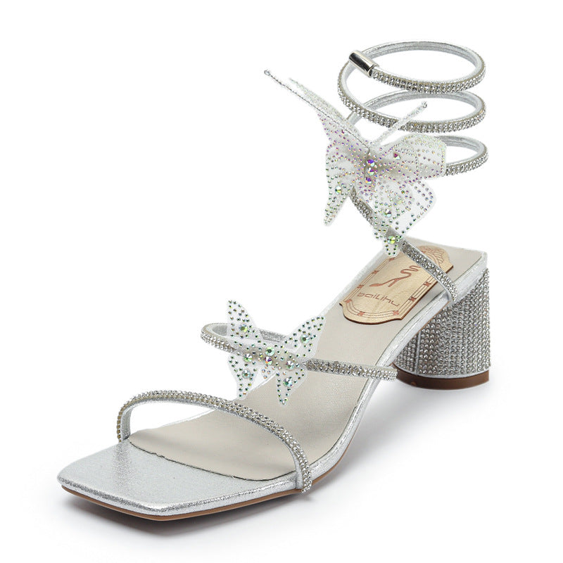 898-A5 sandals women 2021 new thick heel square head shiny winding fairy wind rhinestone butterfly Roman sandals