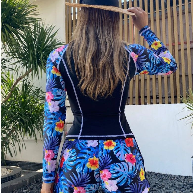 Add color 2024 new cross-border conservative sun protection wetsuit European and American foreign trade printed boxer briefs long-sleeved swimsuit for women