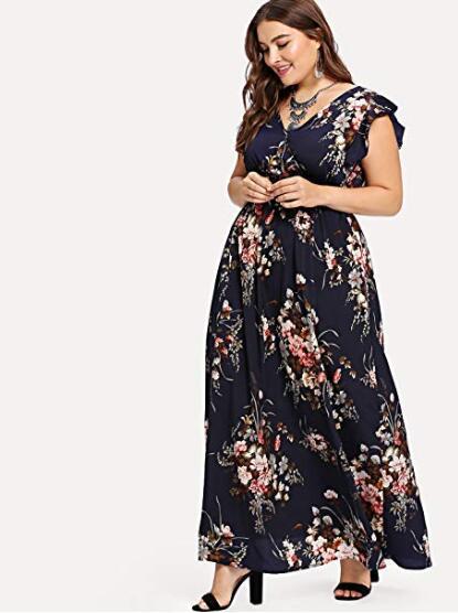 2023 new European and American large size women's dress chiffon elastic waist lotus leaf sleeve print spring and summer big swing dress