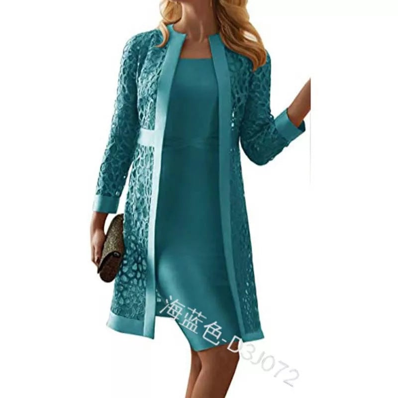 2021 spring and autumn new women's clothing solid color lace cardigan round neck dress two-piece set Amazon wish