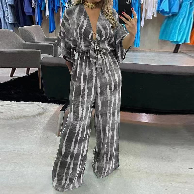 2023 European and American Fashion New Style Printed Belt V-neck Half Sleeve Jumpsuit