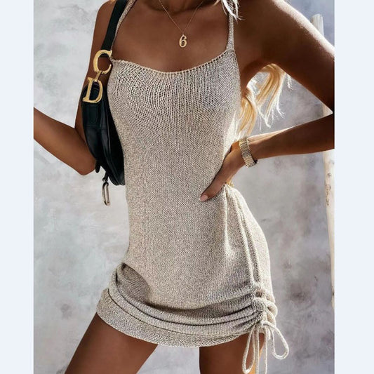 2023 European and American AliExpress summer women's clothing new sleeveless strap loose beach suspenders sweater dress needle