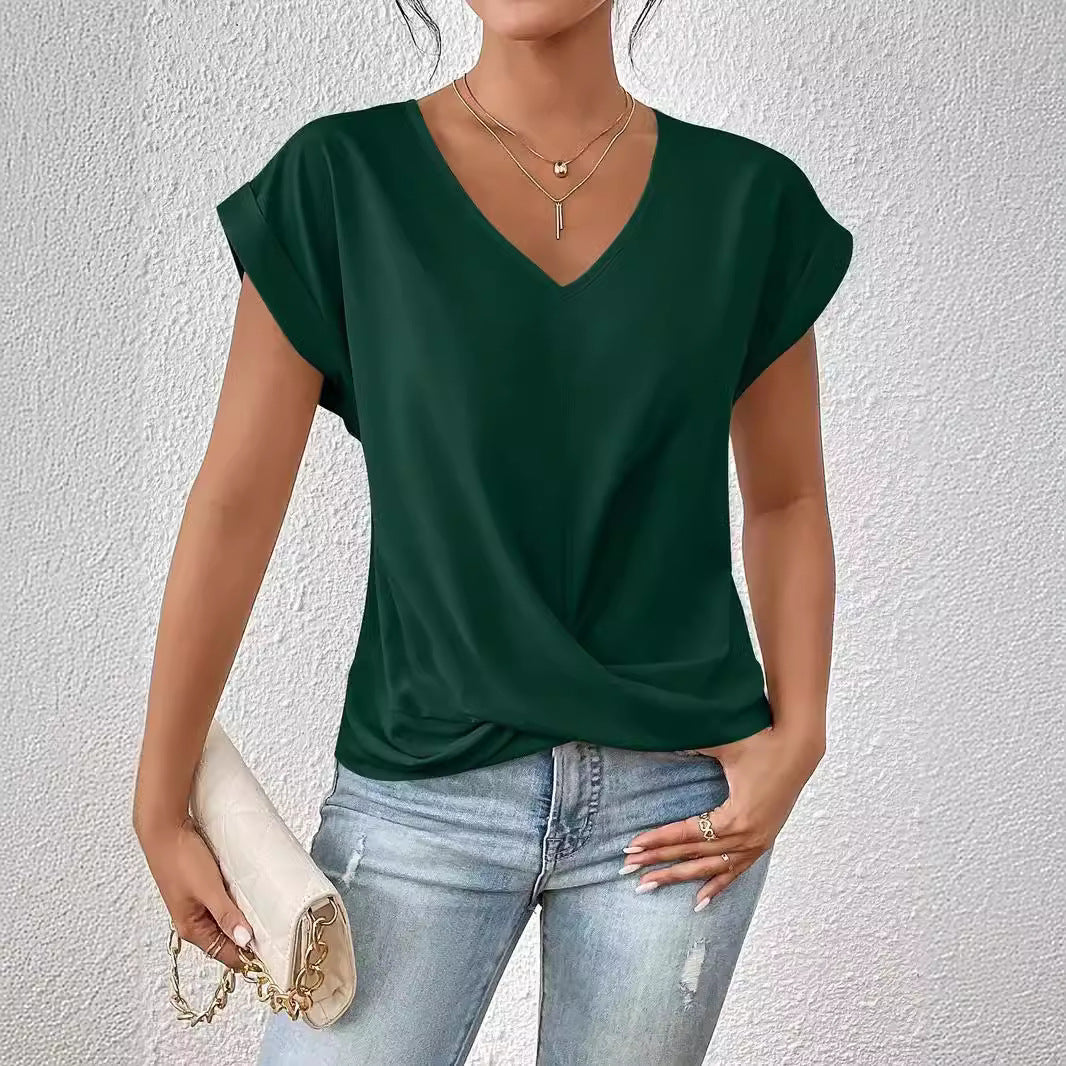 2024 Amazon cross-border hot-selling solid color V-neck T-shirt elegant short-sleeved top spring and summer women's clothing Amazon cross-border