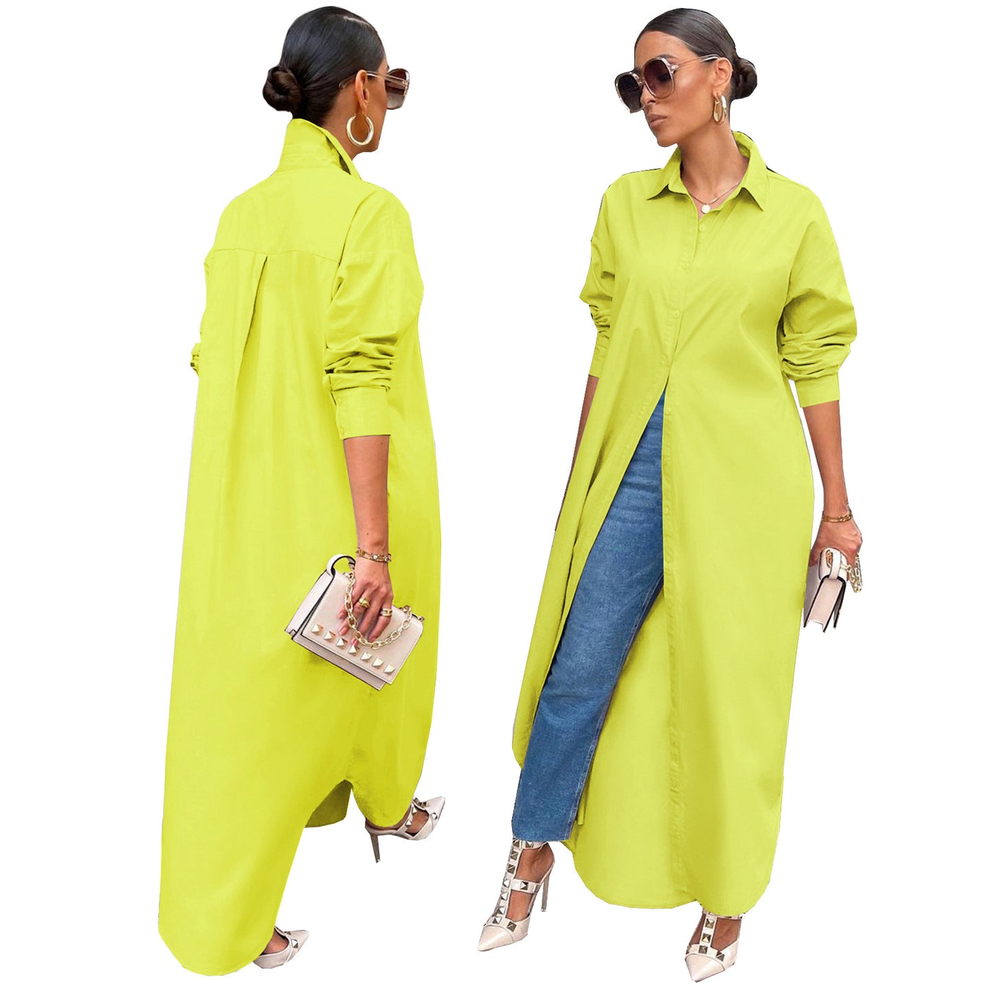 10077 European and American women's autumn and winter new fashion casual solid color gown coat