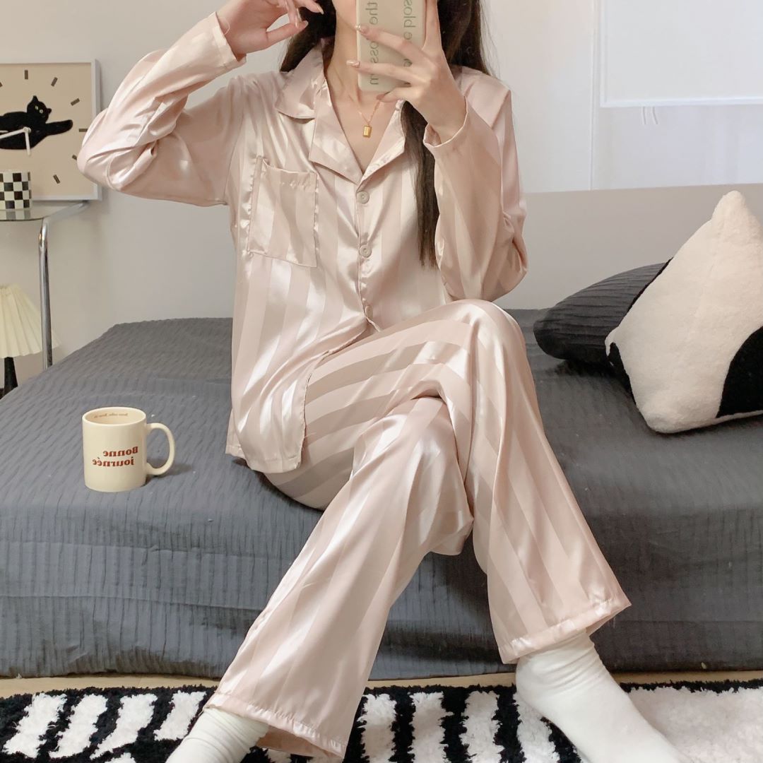 Women's spring and autumn pajamas imitation silk long-sleeved net red Korean style home service autumn ladies vertical stripes can be worn outside