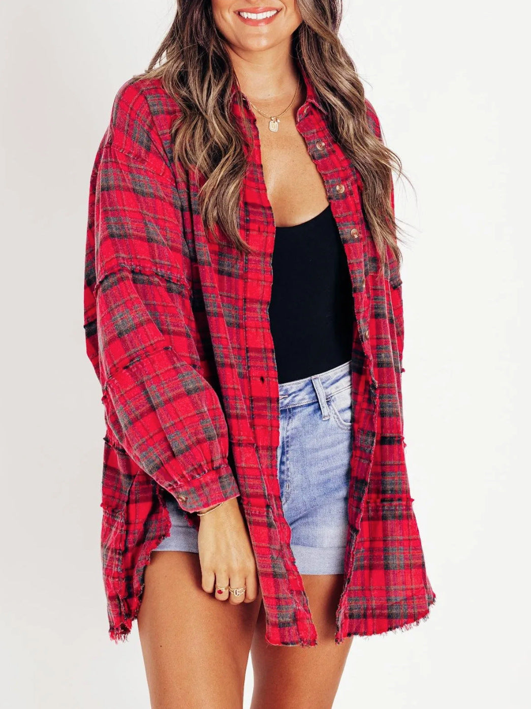 2024 Cross-border European and American foreign trade women's clothing autumn and winter new Amazon raw edge lantern sleeve loose button plaid shirt