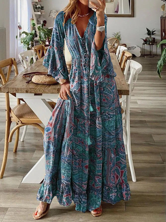 2023 European and American cross-border Bohemian style trumpet sleeve printed V-neck high waist holiday dress floral female long skirt