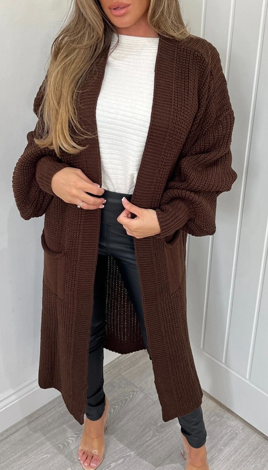 2023 autumn and winter Amazon cross-border new women's clothing solid color knitted sweater pocket cardigan mid-length sweater women's coat