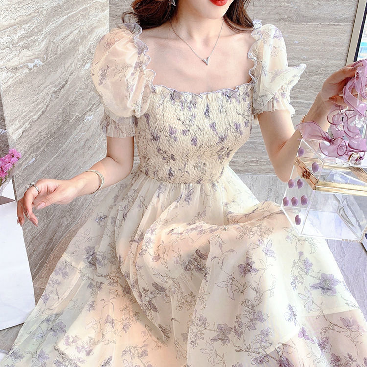 2024 Summer New French Ink Painting Puff Sleeve Waist Slimming Temperament Lady Floral Chiffon Dress