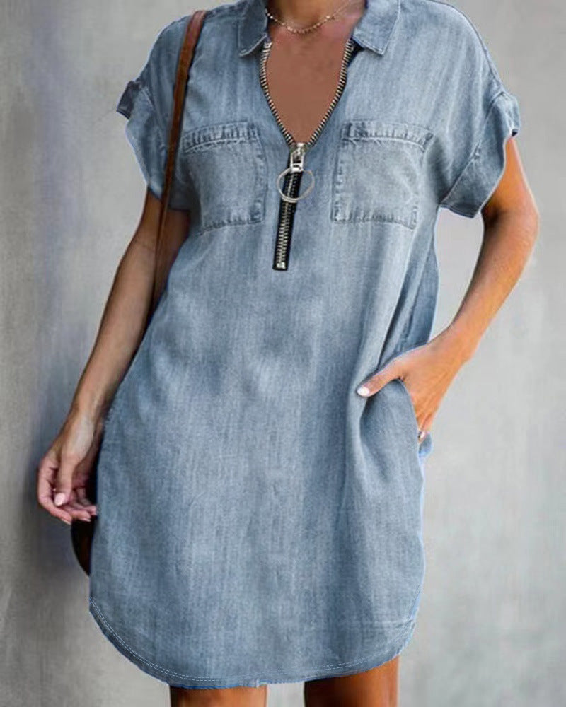 2023 independent station Amazon cross-border new products European and American lapel short-sleeved loose casual dress denim shirt skirt