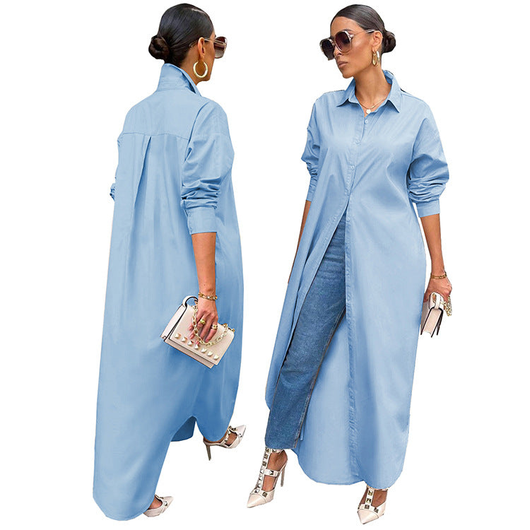 10077 European and American women's autumn and winter new fashion casual solid color gown coat