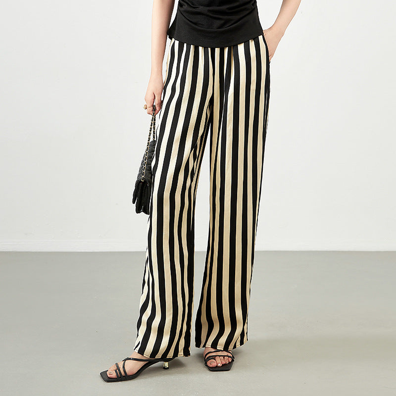 2415208-Shenzhen Nanyou temperament casual simple striped versatile striped silk and linen straight pants high waist wide leg pants