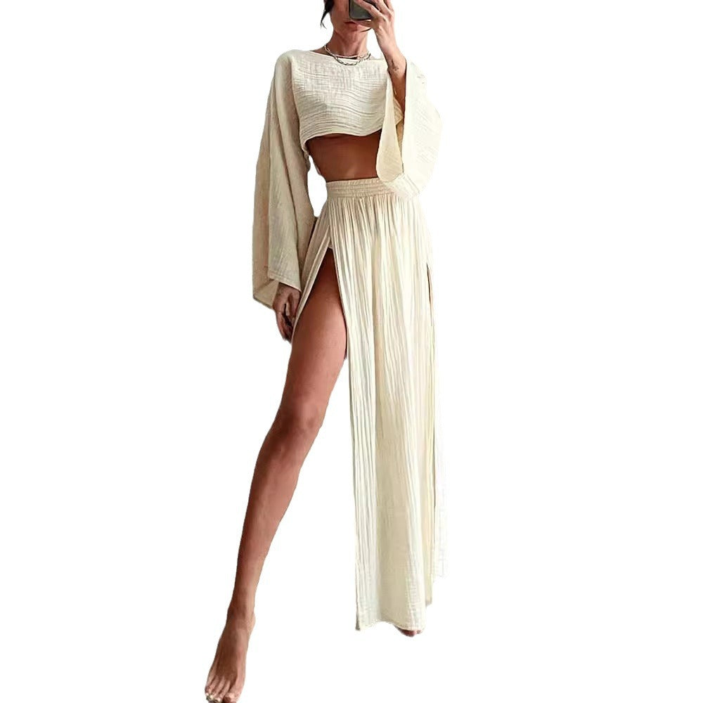 2024 casual holiday linen blended cropped top high waist chic slit cotton and linen casual two-piece suit