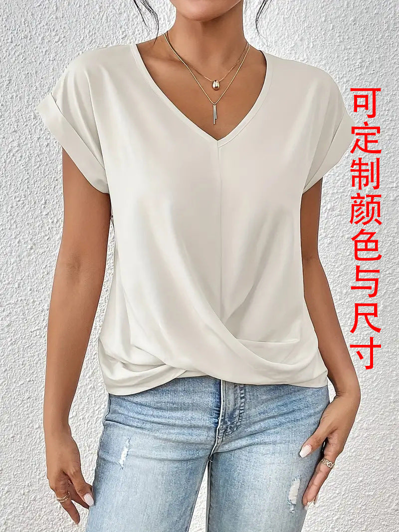 2024 Amazon cross-border hot-selling solid color V-neck T-shirt elegant short-sleeved top spring and summer women's clothing Amazon cross-border